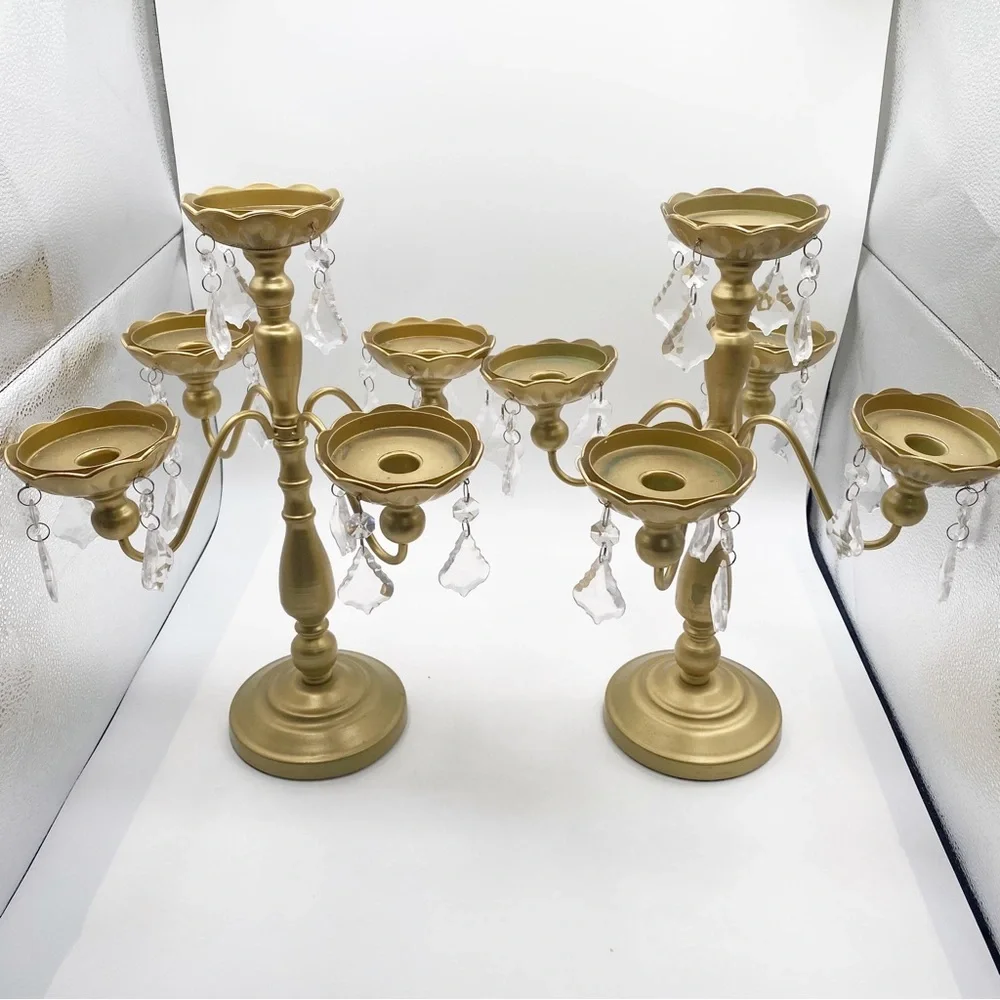 Gold Candelabra Set Candle Stand Crystal Accents Wedding Cute Fancy Elegant - Picture 1 of 10